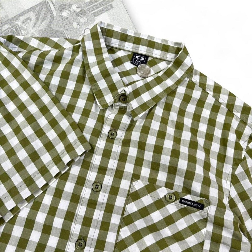 Oakley Vintage Y2K Green White Plaid Short Sleeve Button Up Shirt Mens Medium